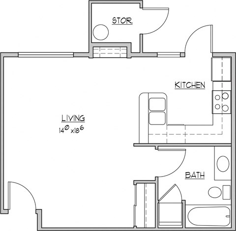 Floor plan for studio, 1 bath, 502 sqft